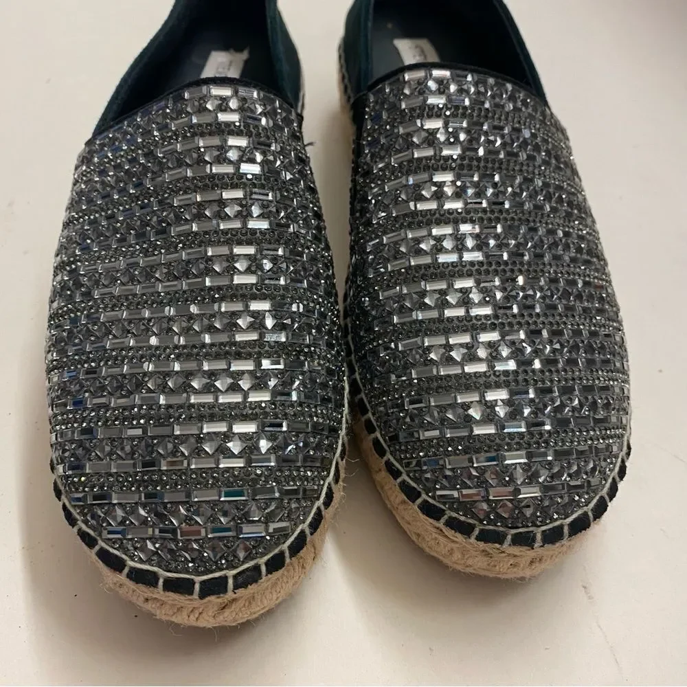 STEVE MADDEN Proud Black Silver Embellished Leather Platform Espadrilles shoe 10